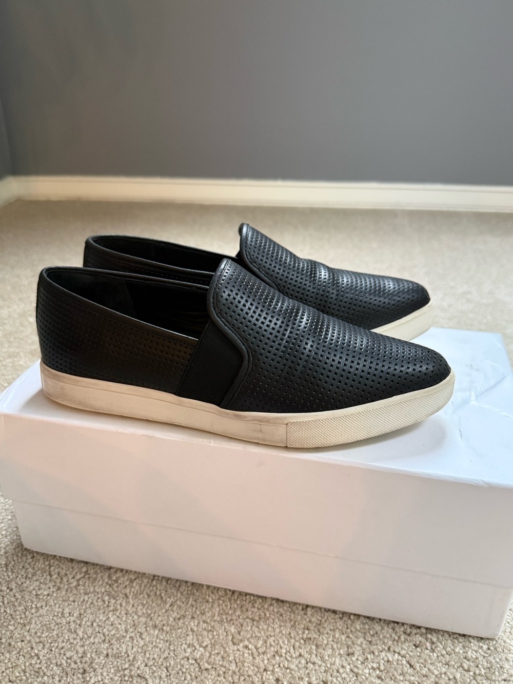 Vince Pierce Black Perforated Leather Slip-On Sneakers Size 6
